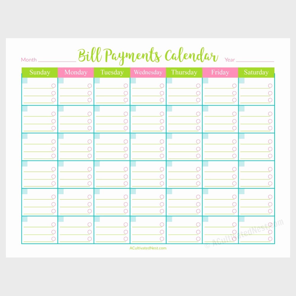 Printable Bill Payments Calendar A Cultivated Nest