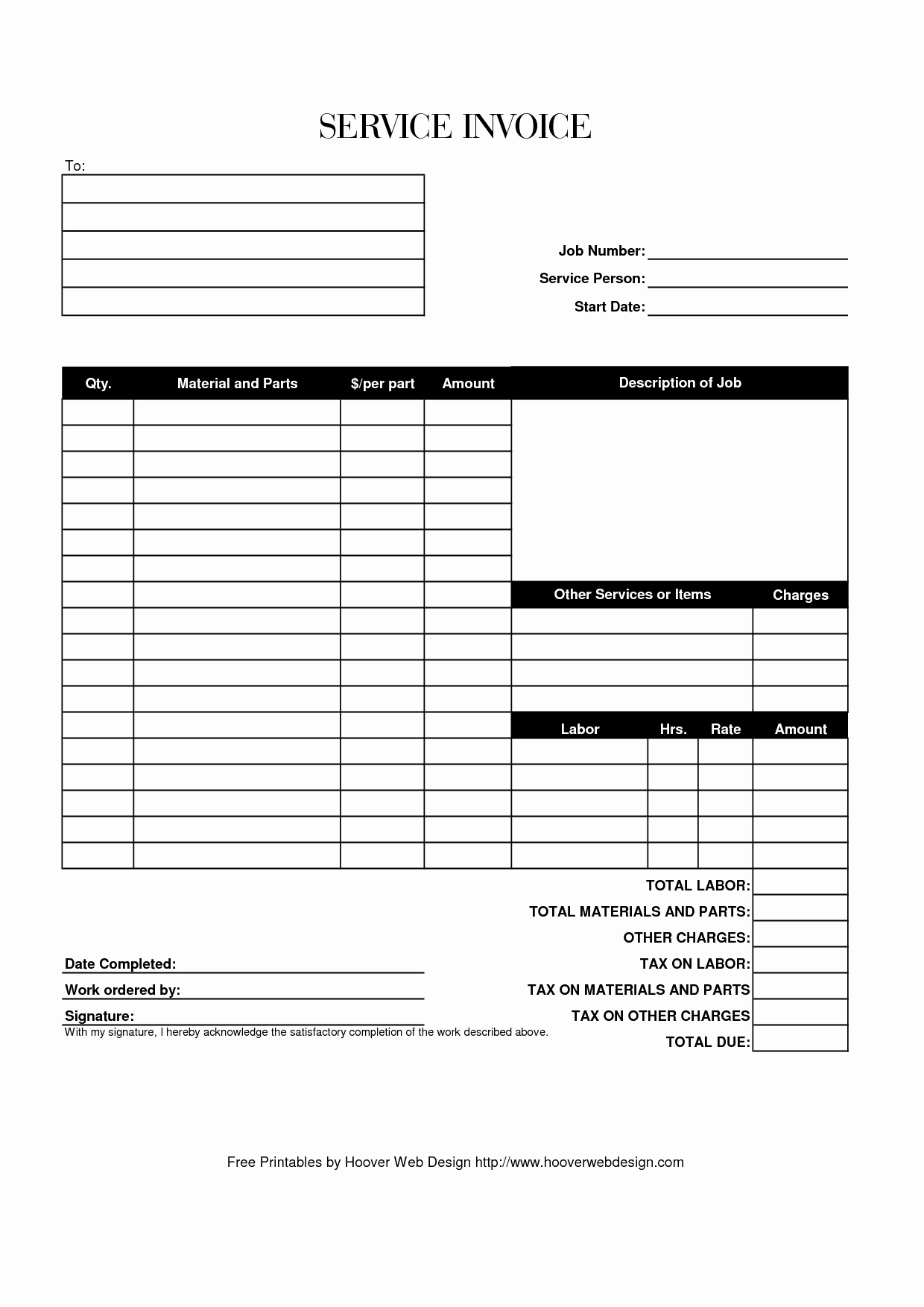 Printable Blank Service Billing Invoice Template Example