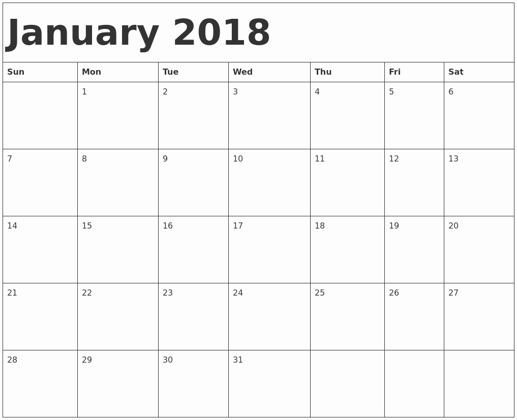 Printable Calendar 2018 [free] January 2018 Printable