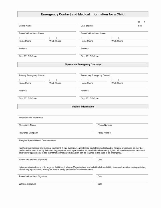 Printable Emergency Contact form Template
