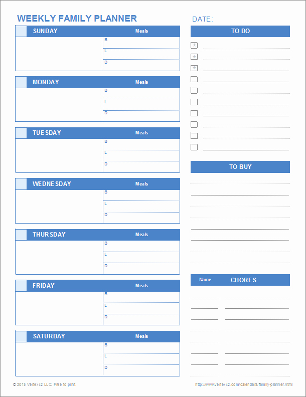 Printable Family Planner Templates for Excel