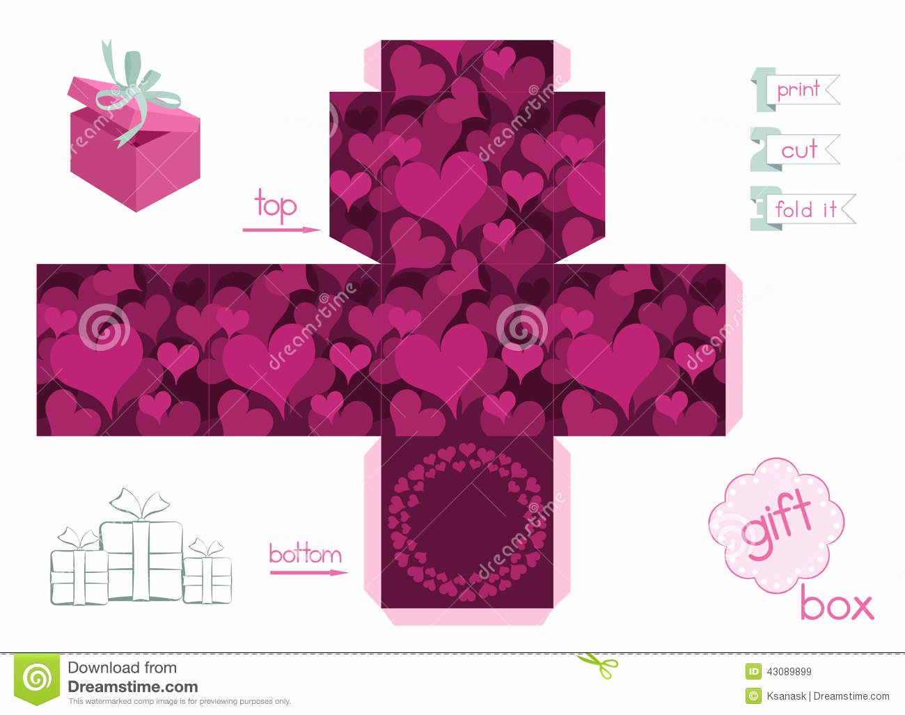 Printable Gift Box with Hearts Stock Vector Illustration