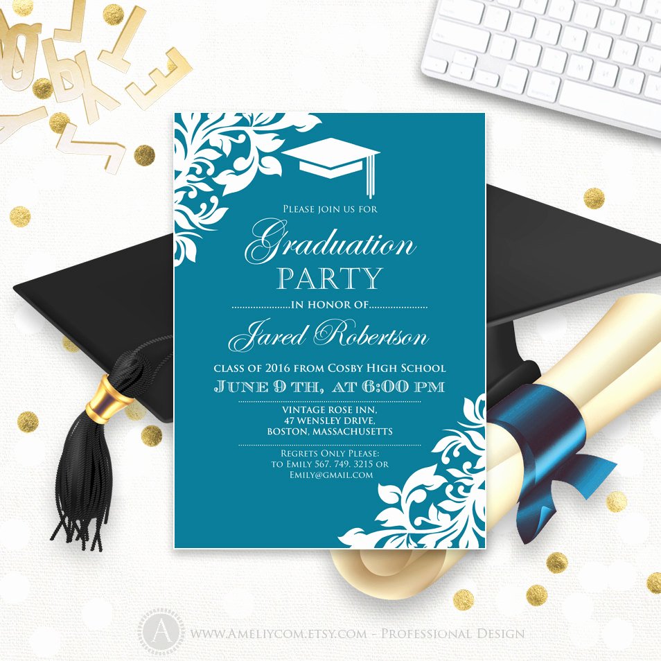 Printable Graduation Party Invitation Template Blue Teal High