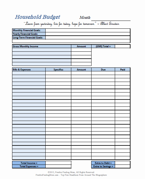 Printable Household Bud Worksheets
