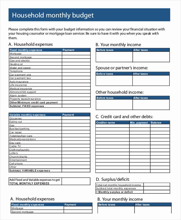 Printable Household Monthly Bud Worksheets Template
