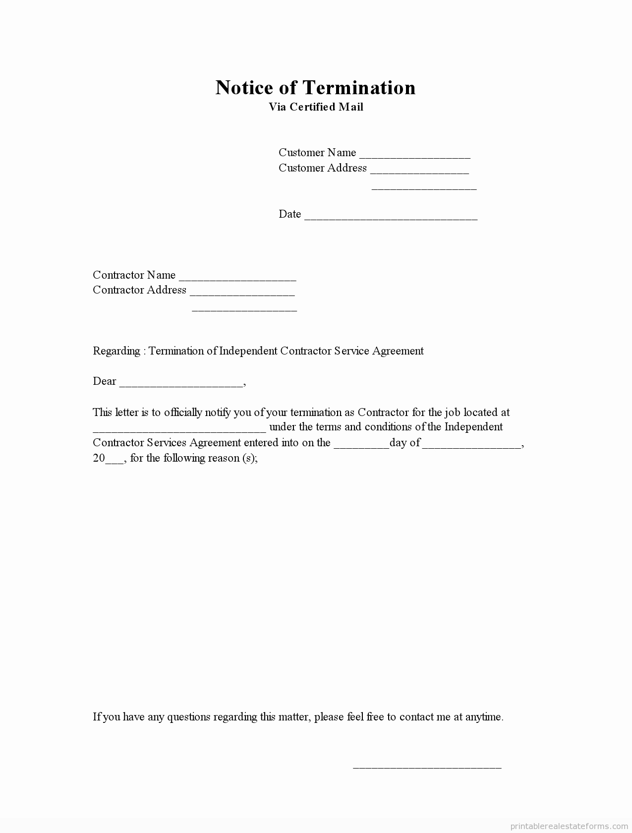 Printable Notice Of Termination Template 2015
