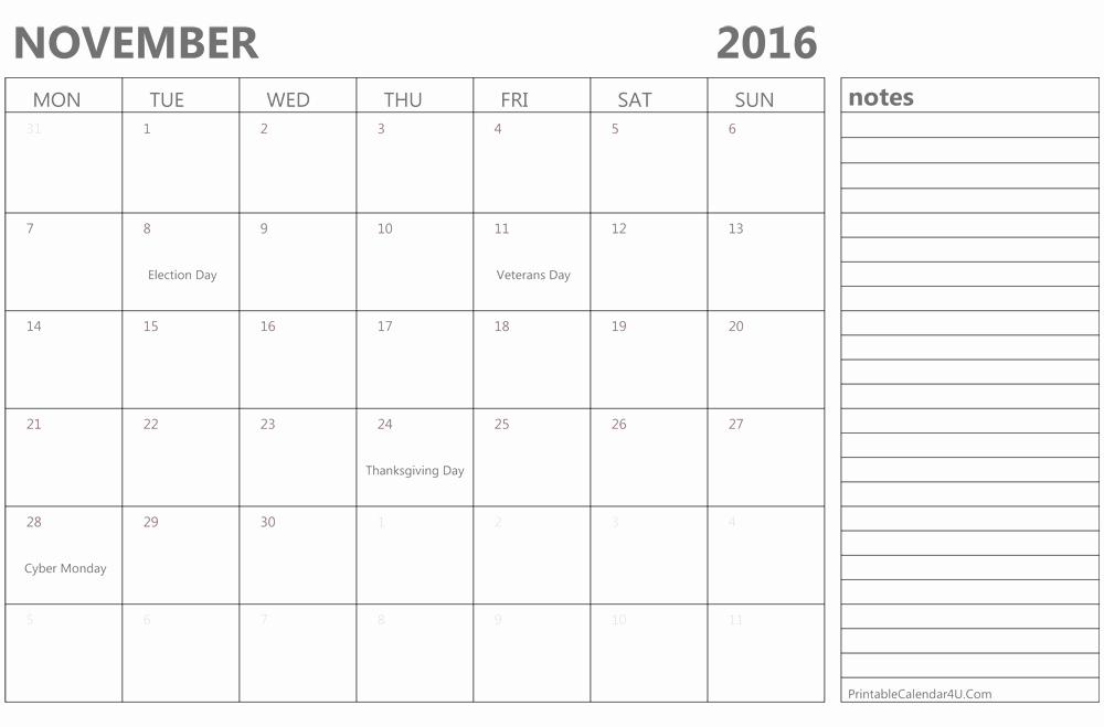 Printable November 2016 Calendar Template Word Pdf