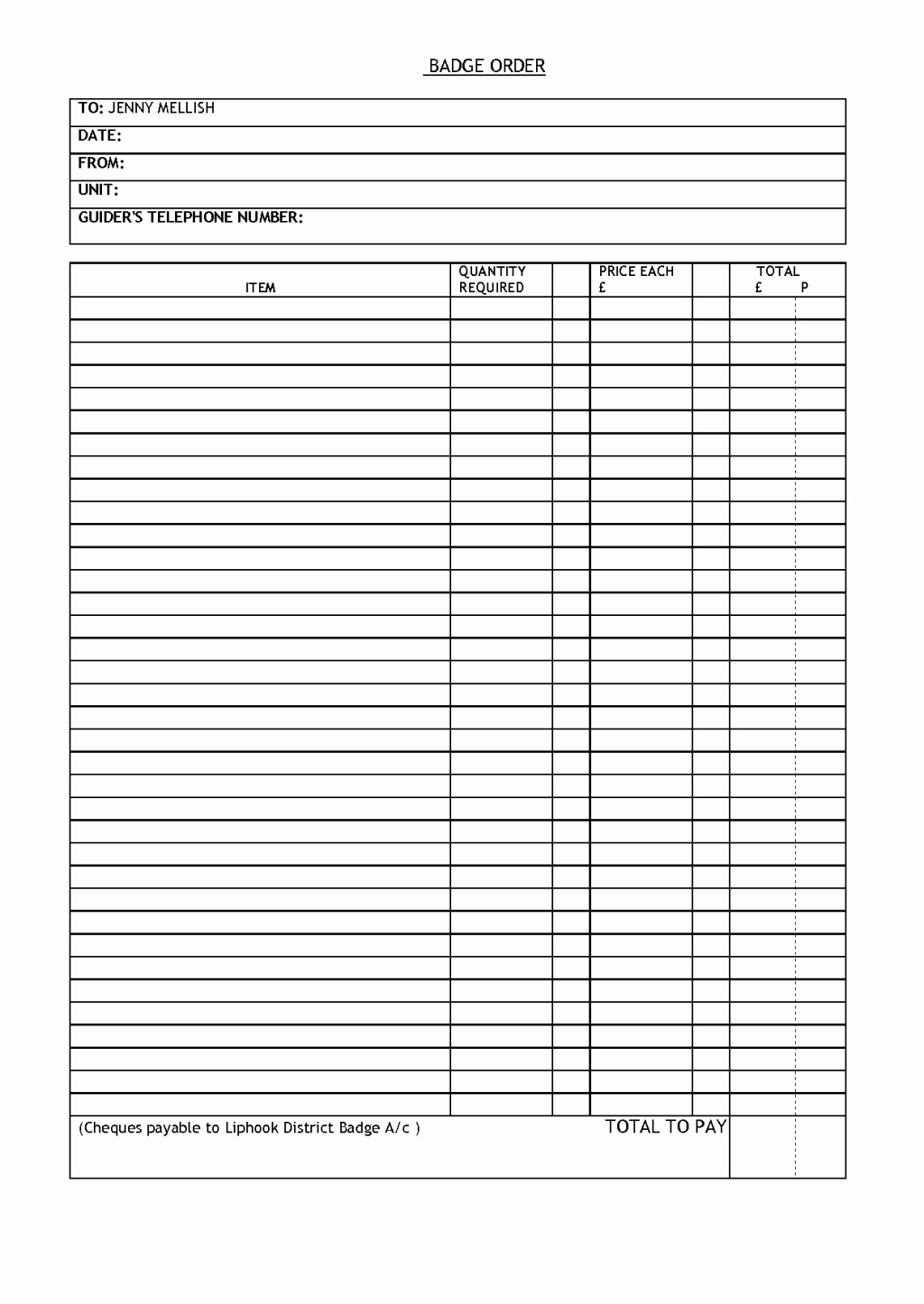 Printable order form Template Printable Pages