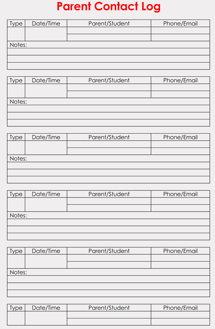 printable parent contact log sheet templates