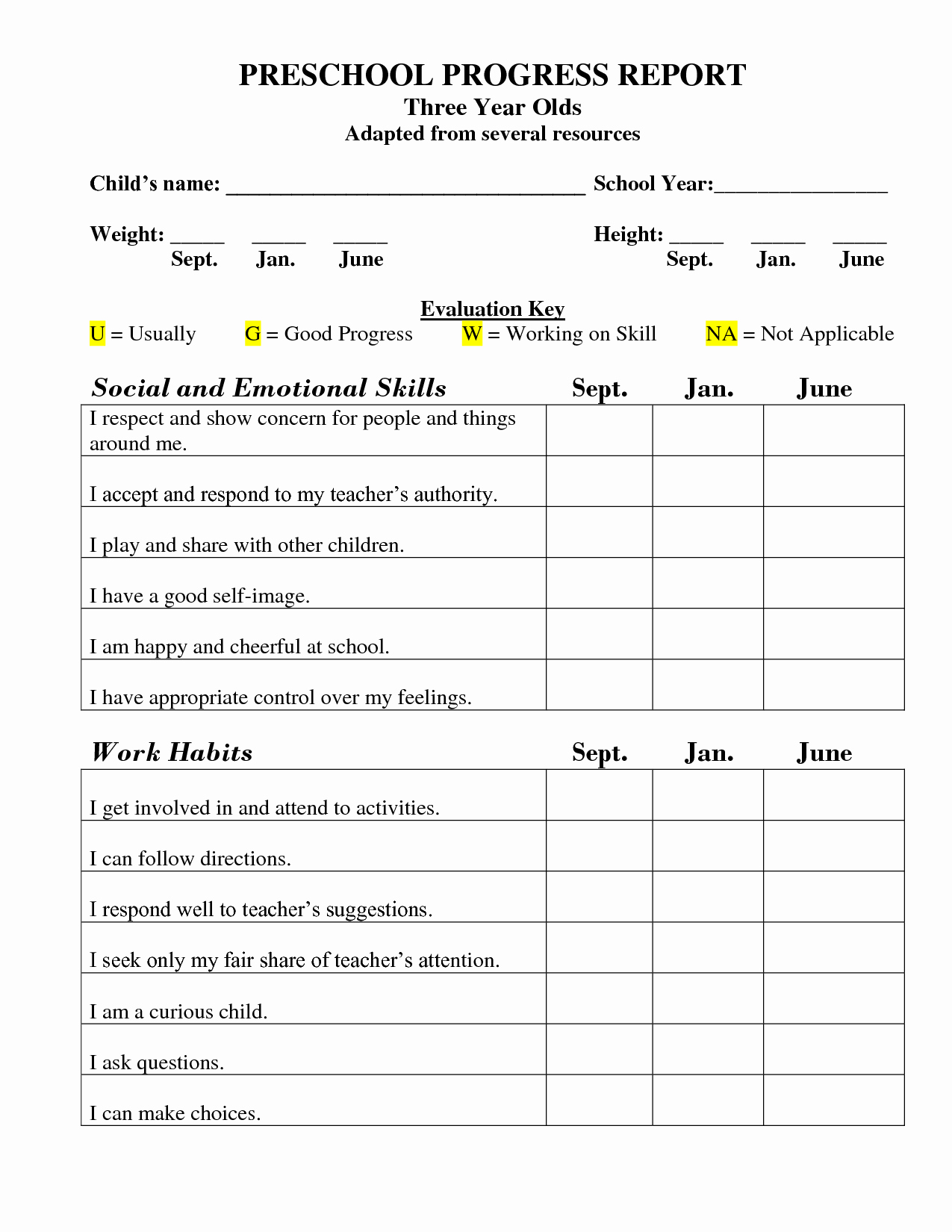 Printable Preschool Progress Report Template