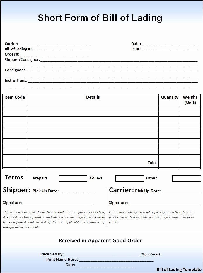 Printable Sample Bill Lading Template form