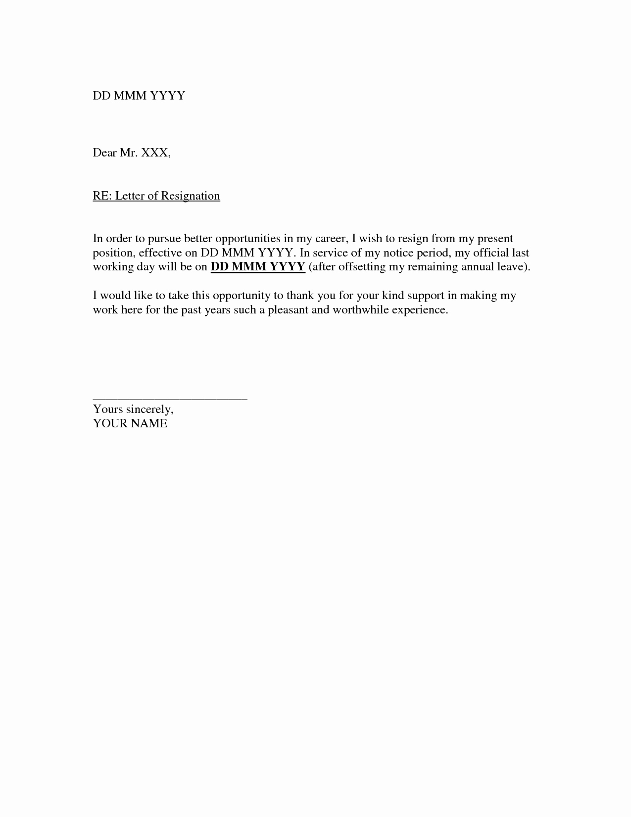 Printable Sample Letter Of Resignation form