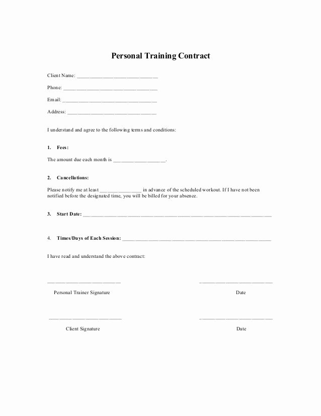Printable Sample Personal Training Contract Template form