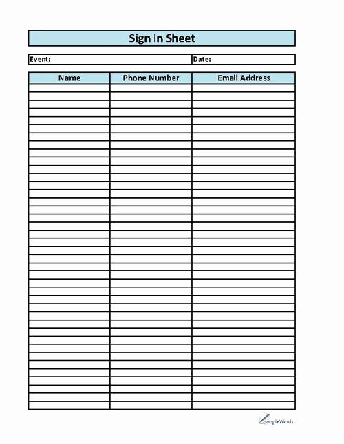Printable Sign In Sheet Employee or Visitor form