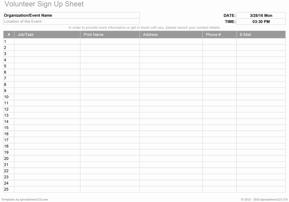 Printable Sign Up Worksheets and forms for Excel Word and Pdf