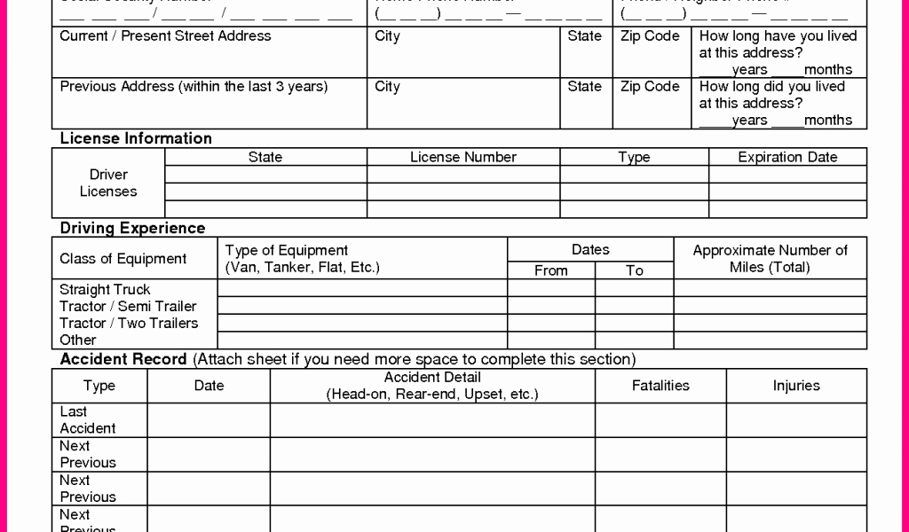 Printable Truck Driver Application form Truck Driver