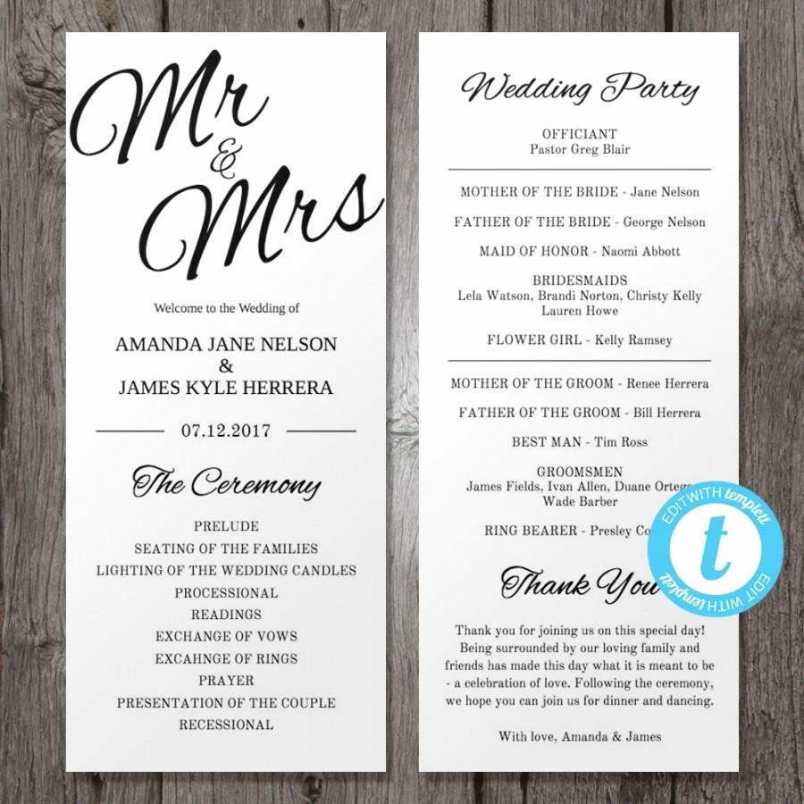 Printable Wedding Program Template Mr &amp; Mrs Instant