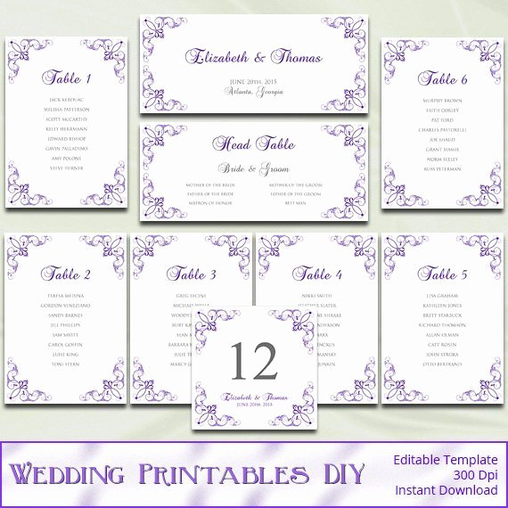 Printable Wedding Seating Chart Template Diy Purple Silver