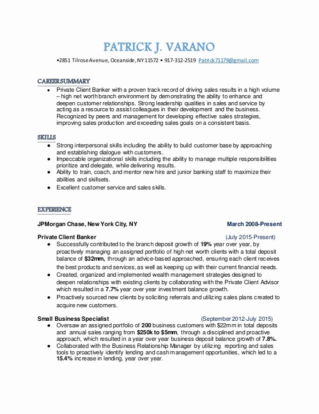 Private Client Banker Resume From Nyc