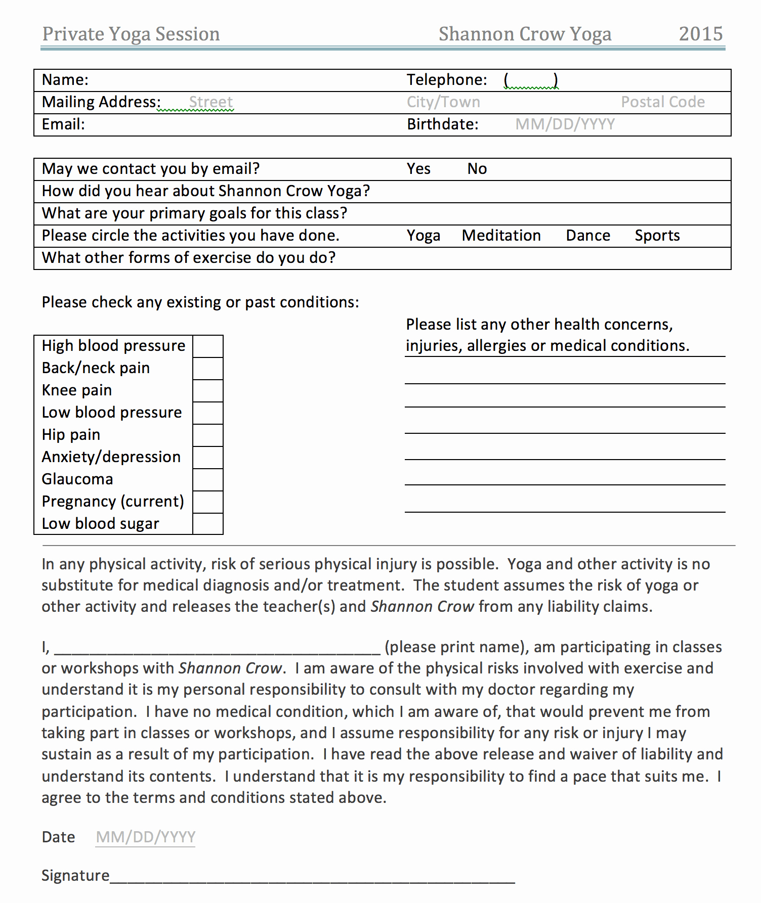 Private Yoga Class Waiver form Shannon Crow