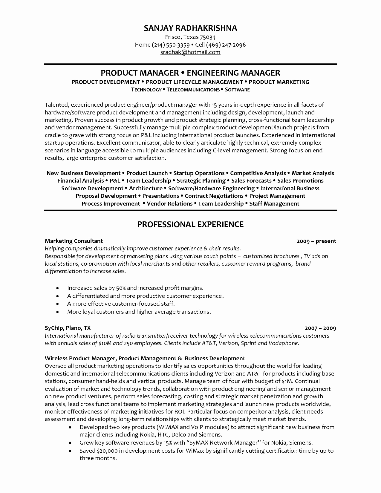 Product Manager Resume Objective Project Skills for