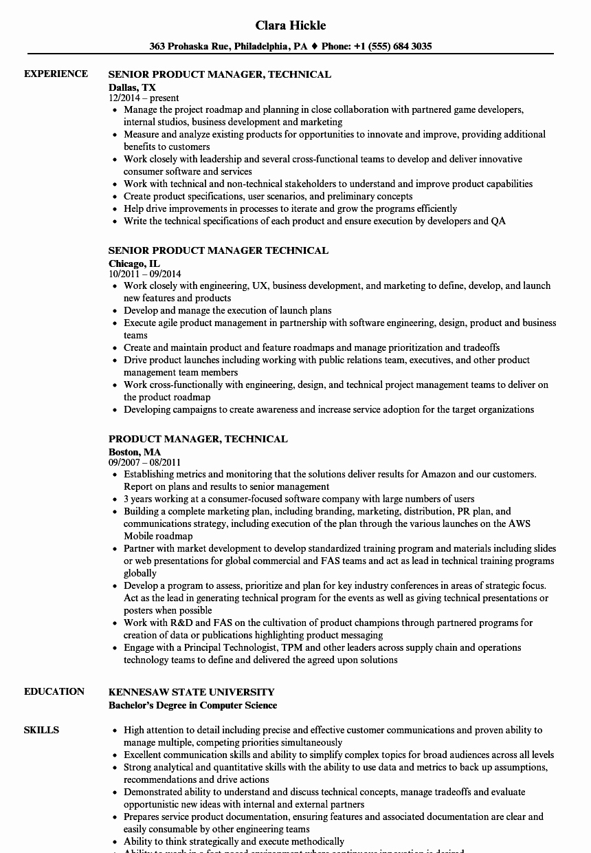 Product Manager Technical Resume Samples