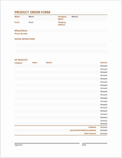 Product order form Template for Ms Word