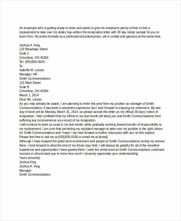 Professional 30 Day Resignation Letter