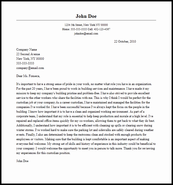 Professional Custodian Cover Letter Sample &amp; Writing Guide