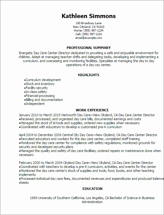 Professional Day Care Center Director Resume Templates to