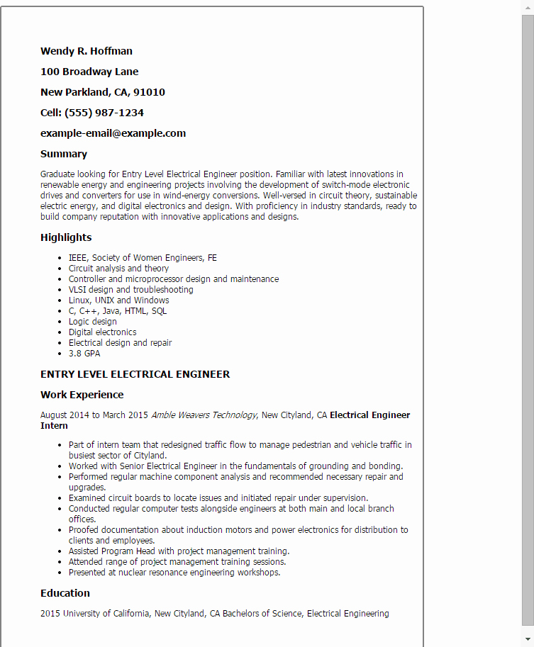 entry level electrical engineer