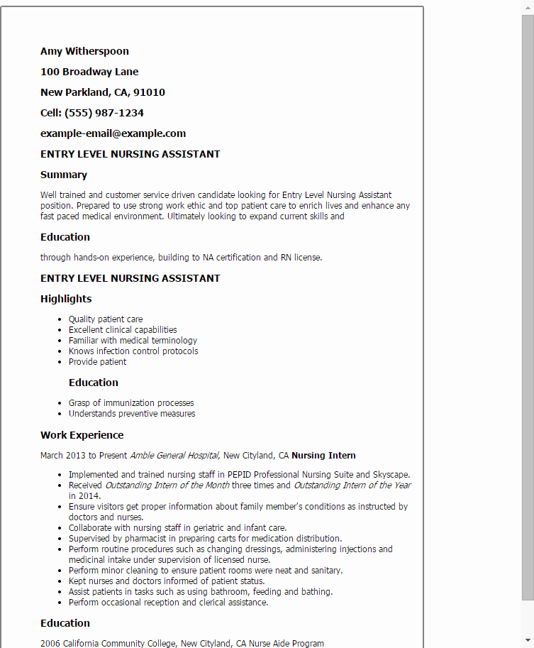 Professional Entry Level Nursing assistant Templates to