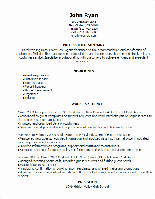 Professional Hotel Front Desk Agent Resume Templates to