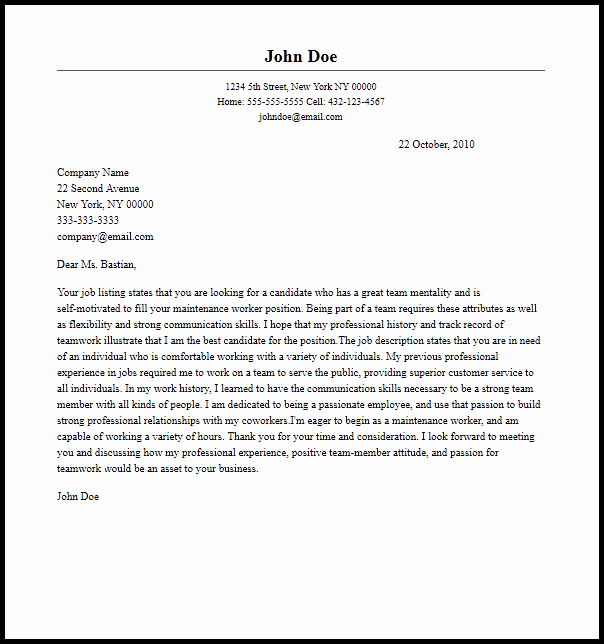 Professional Maintenance Worker Cover Letter Sample