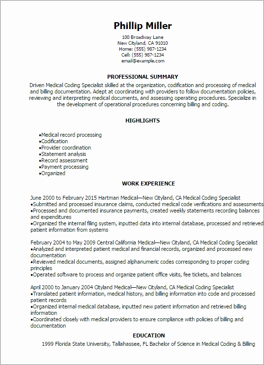 Professional Medical Coding Specialist Resume Templates to