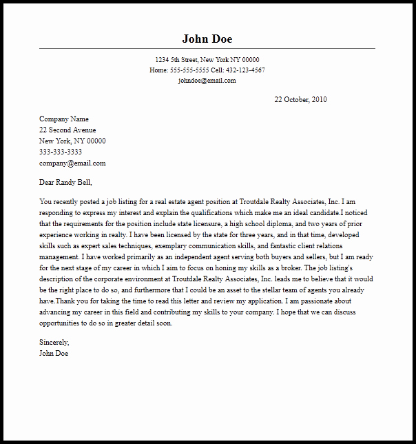 Professional Real Estate Agent Cover Letter Sample