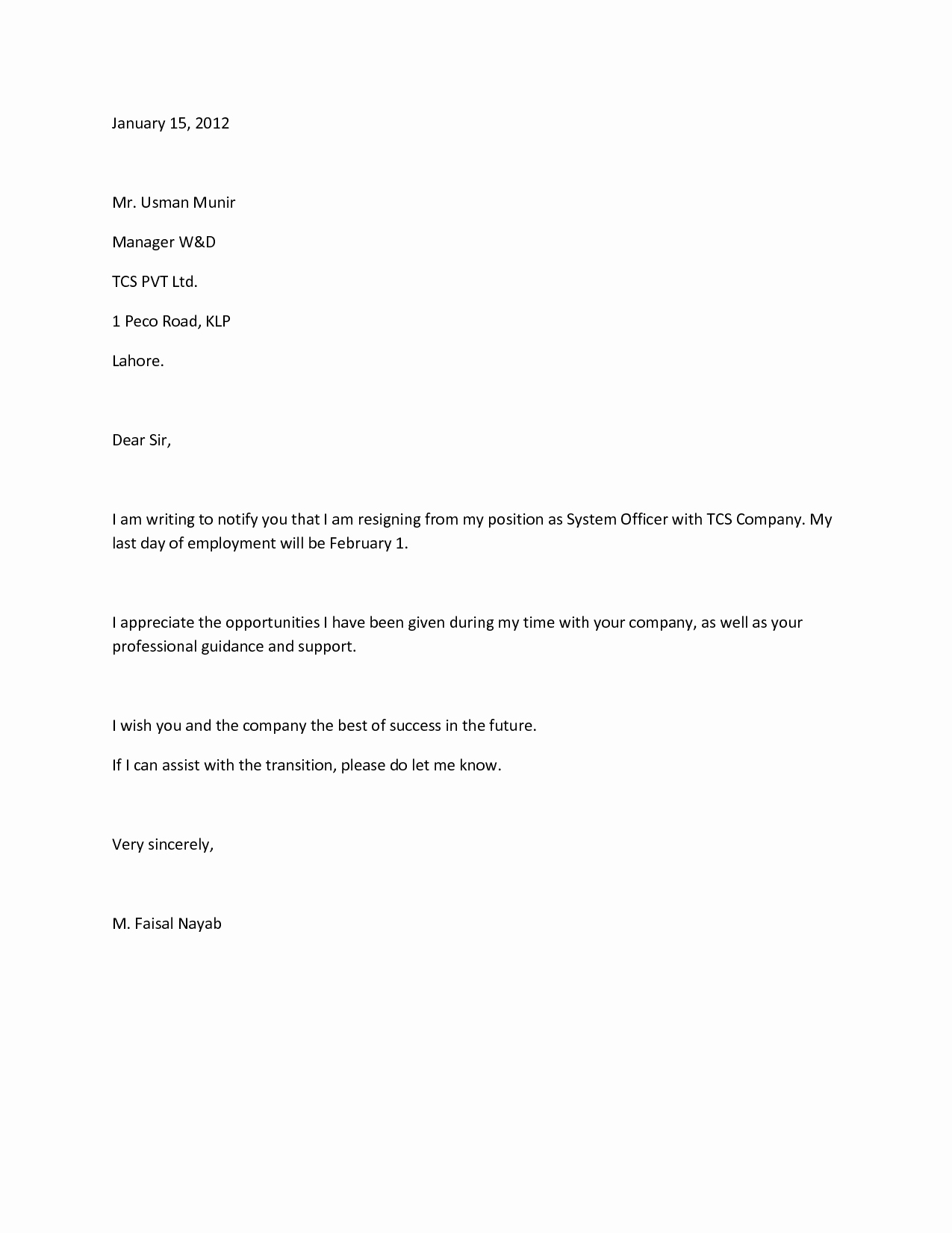 Professional Resignation Letter Samples