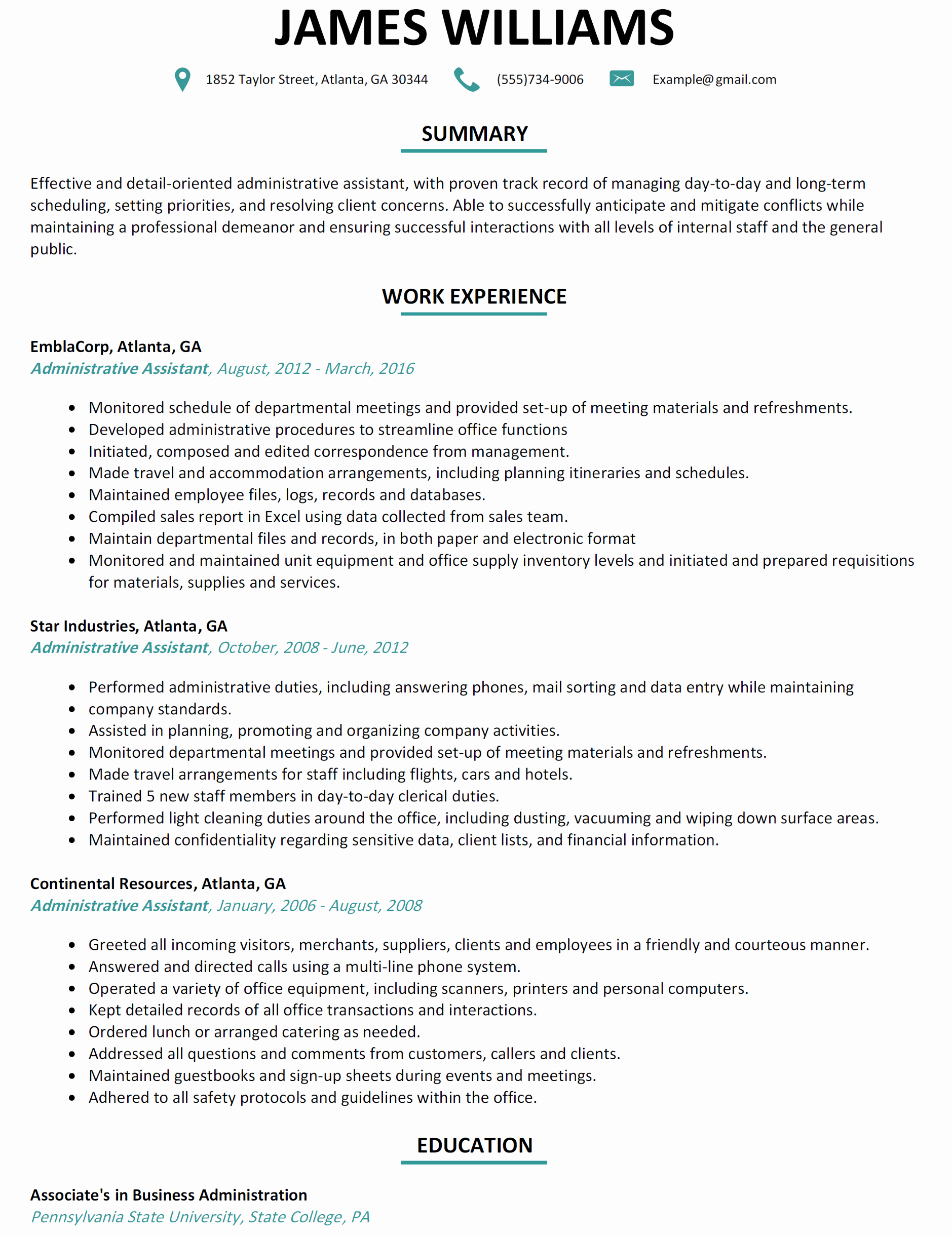 Professional Resume for Administrative assistant