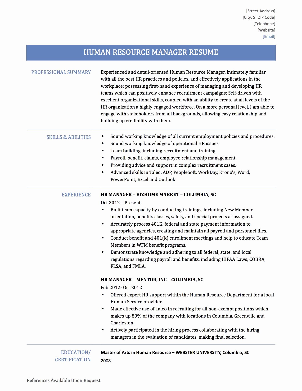 professional resume human resources manager