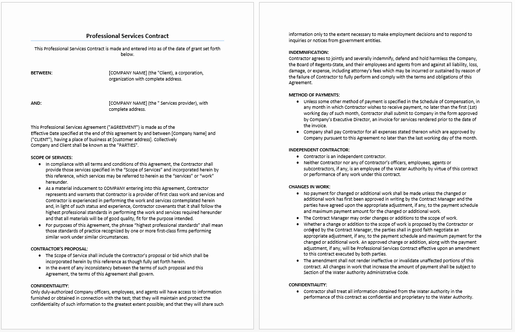 Professional Services Agreement Template Microsoft Word