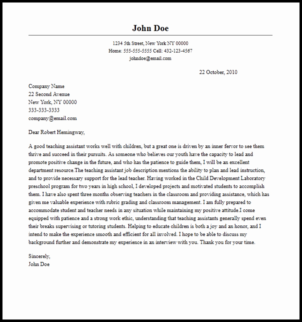 Professional Teaching assistant Cover Letter Sample