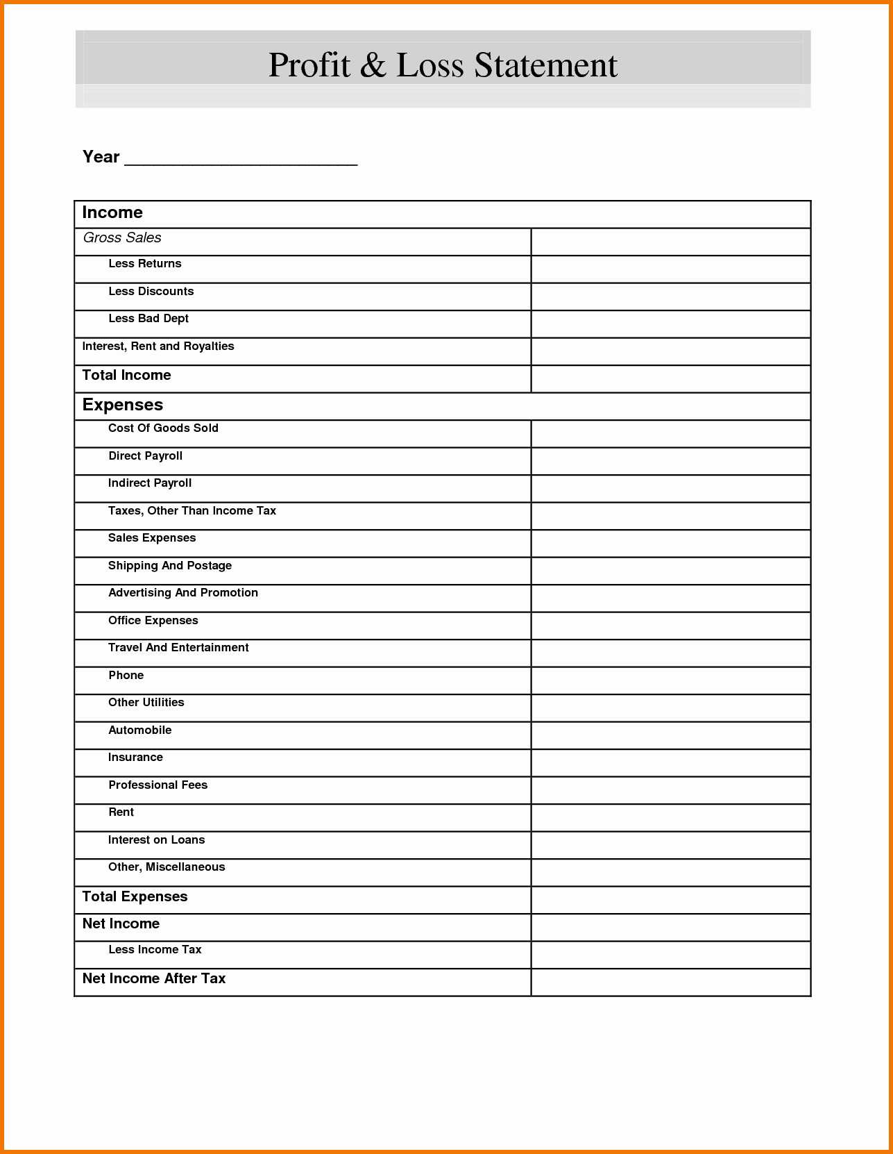 Profit and Loss Statement Template Free Download