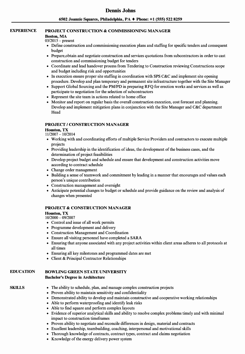 Project Construction Manager Resume Samples