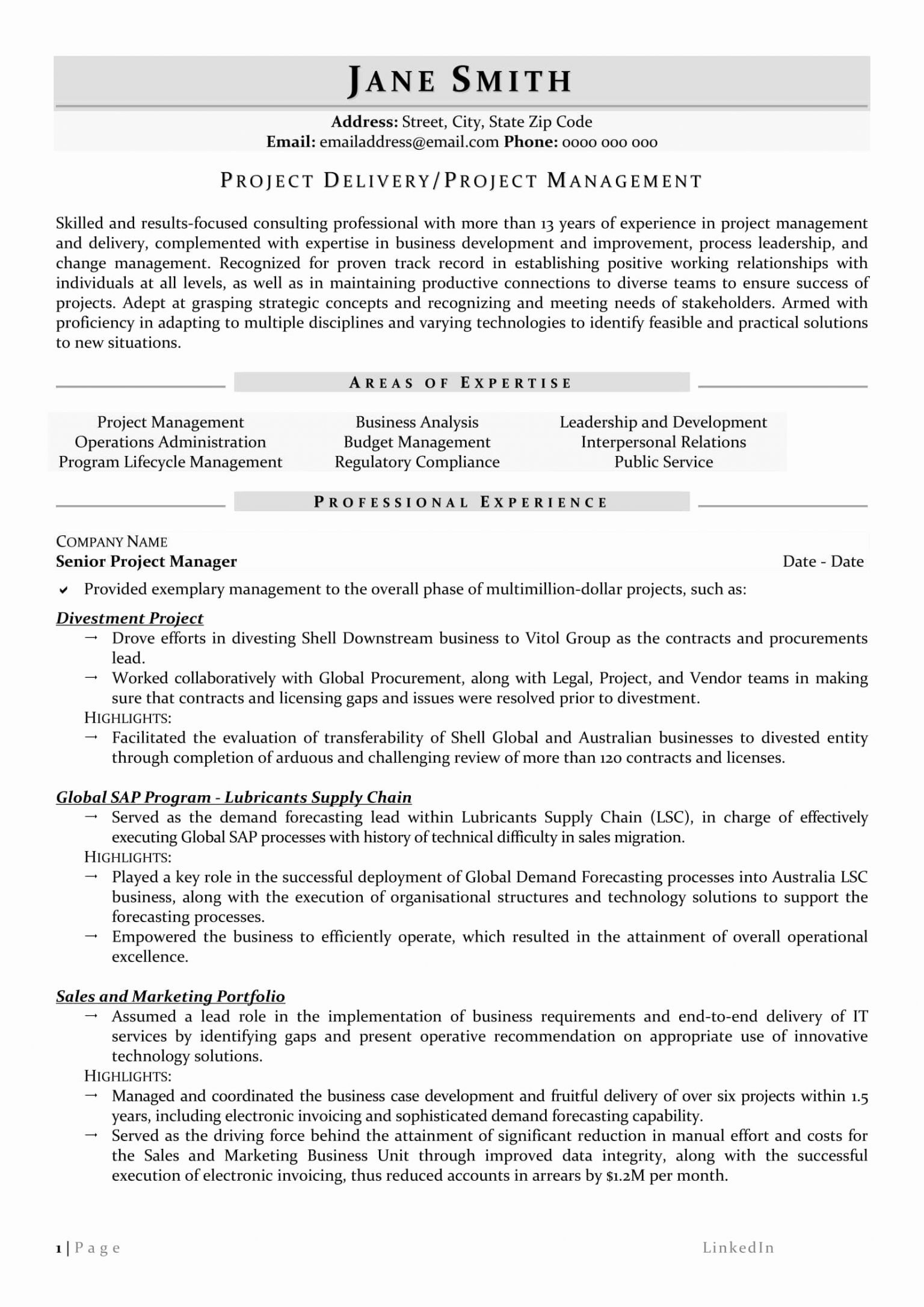 senior project manager resume sample