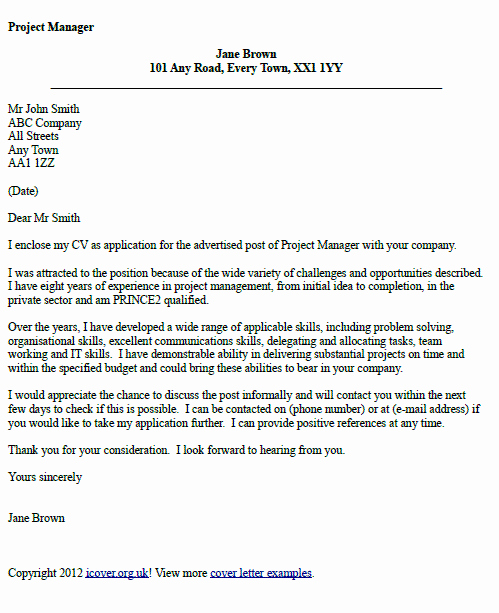 Project Manager Cover Letter Example Icover