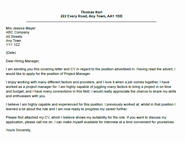 Project Manager Cover Letter Example Lettercv