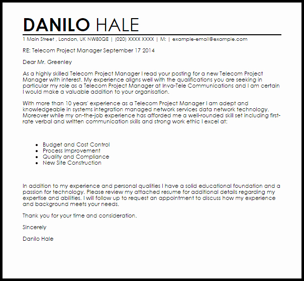 Project Manager Cover Letter Sample