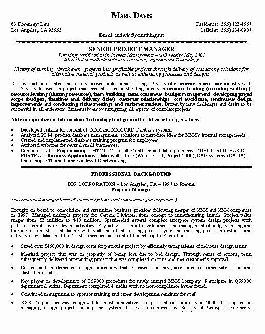 Project Manager Resume Example Samples
