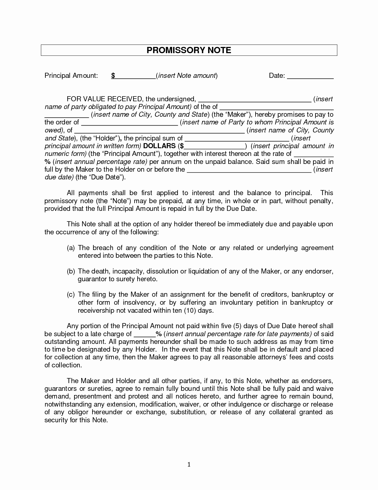 promissory note form