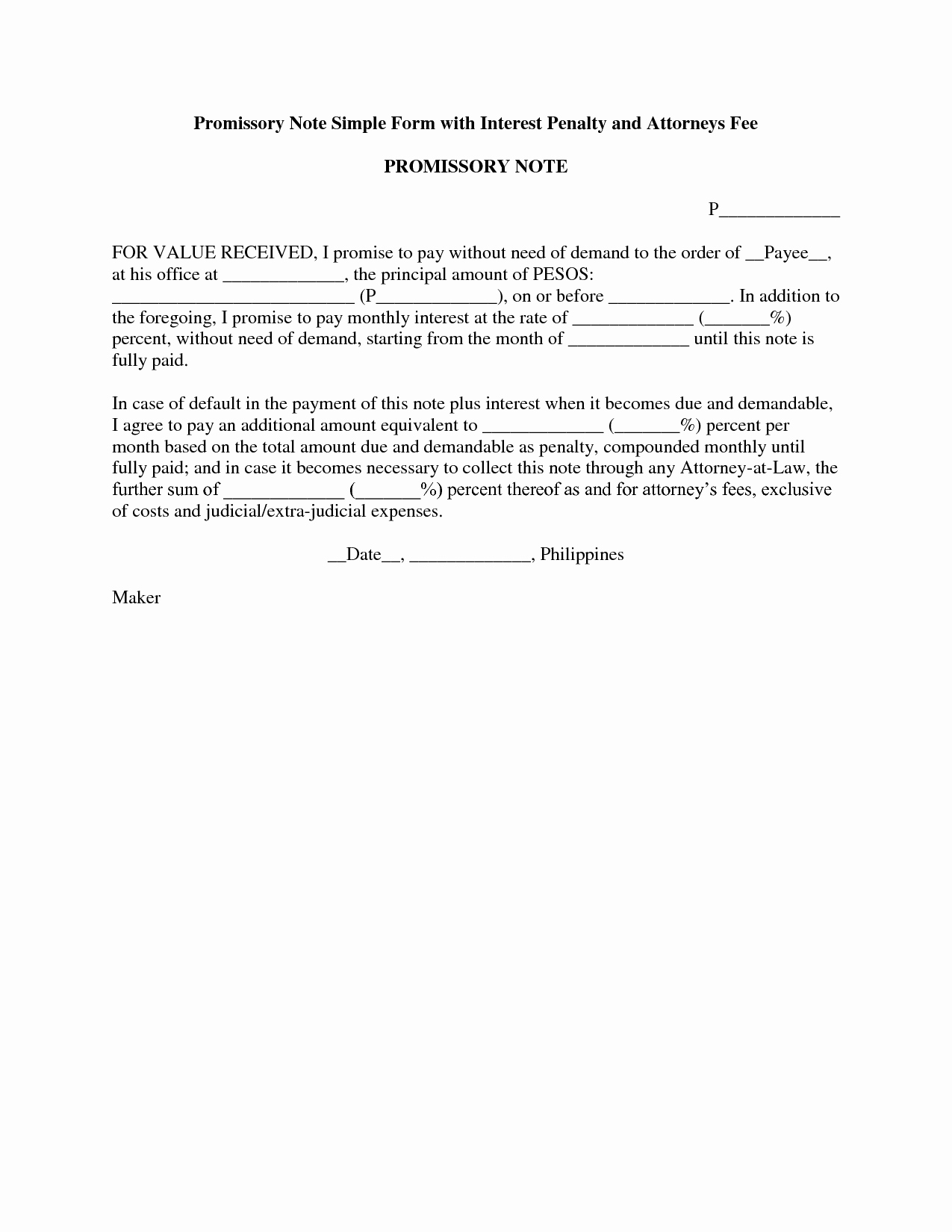 Promissory Note Letter Template with Penalty and attorney